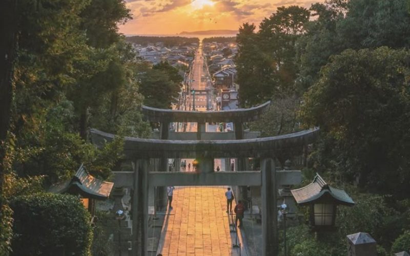 Torii gate path at sunset